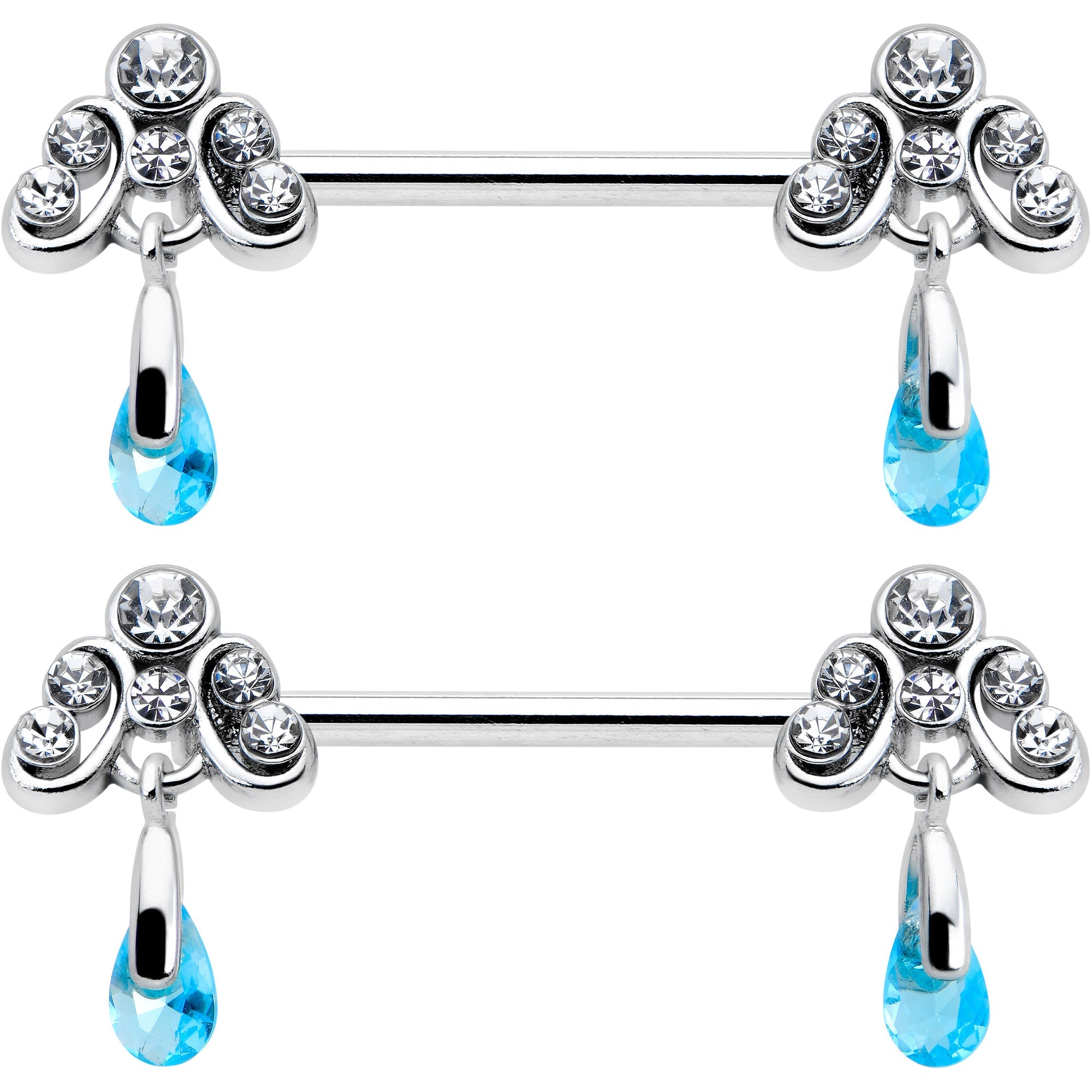 BodyCandy 14G 9/16 Blue Gem Scrolling Elegance Dangle Nipple Ring Set — detail close-up