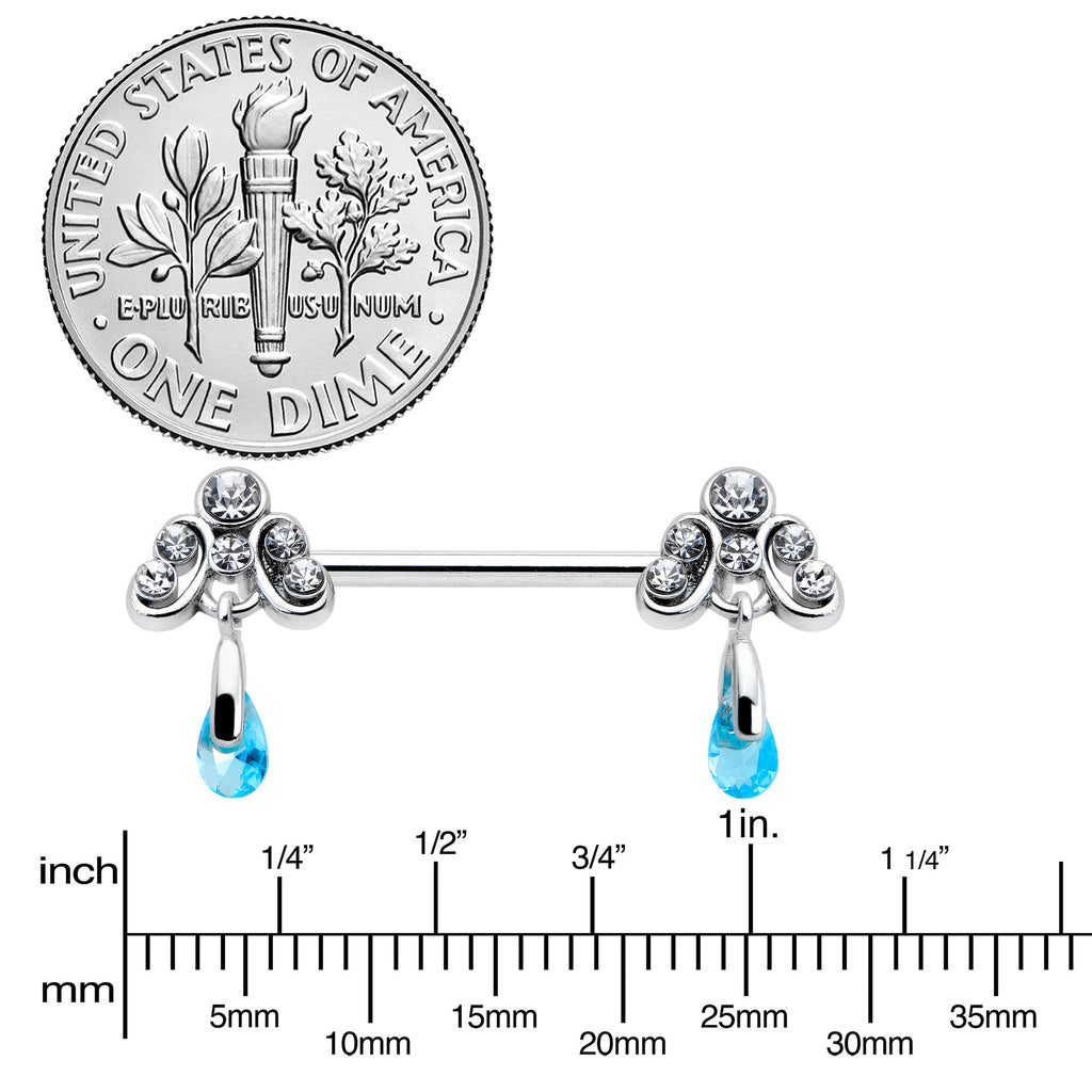 BodyCandy 14G 9/16 Blue Gem Scrolling Elegance Dangle Nipple Ring Set — lifestyle context