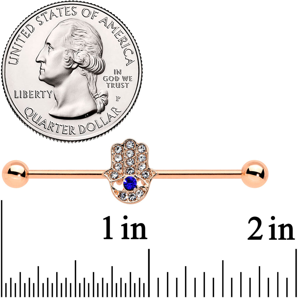 BodyCandy 14G Blue Gem Rose Gold Tone Hamsa Hand Eye Industrial Barbell 38mm — detail close-up