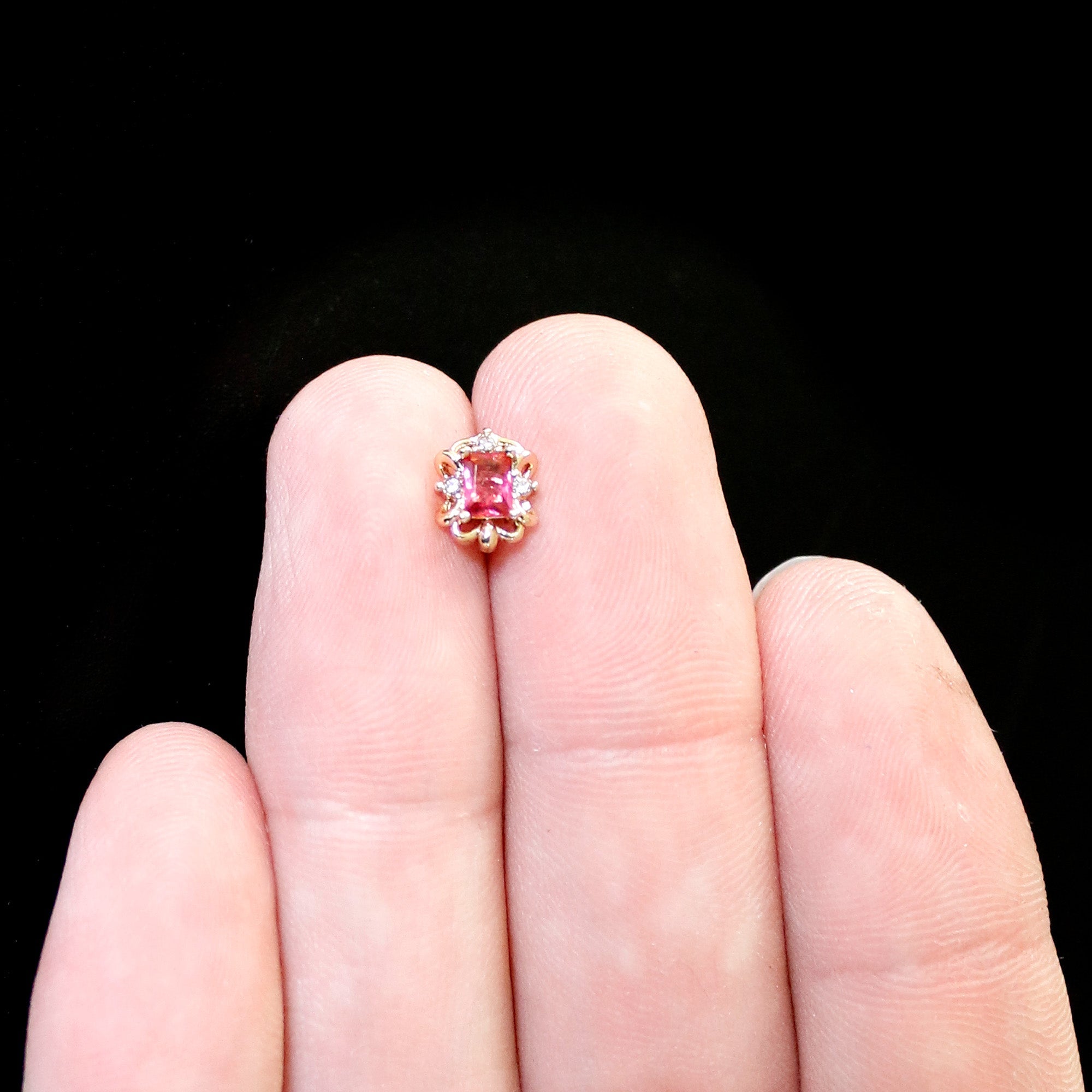 BodyCandy 16G 1/4 Red Gem Gold Tone Regal Escutcheon Labret Monroe Tragus — in-use photo