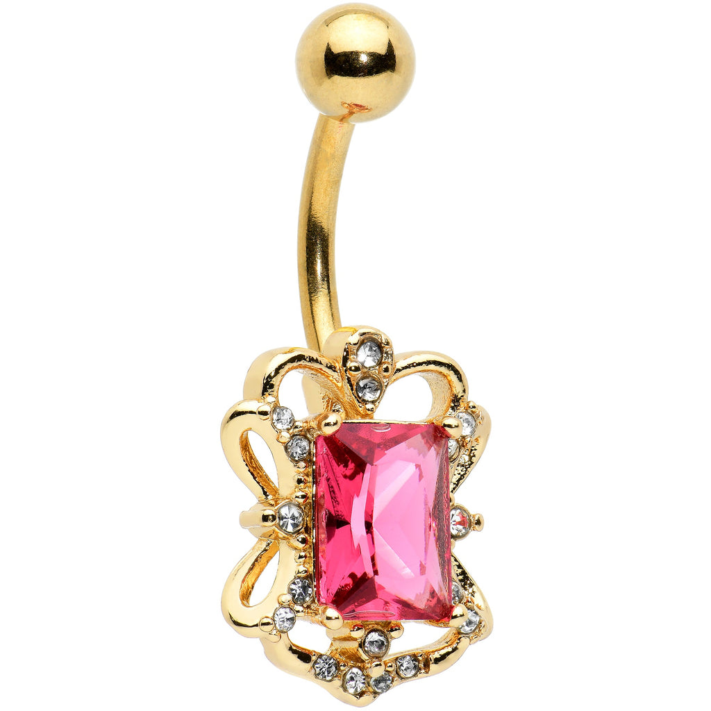 BodyCandy Clear Pink Gem Gold Tone Open Oblong Elegant Belly Ring — main product shot