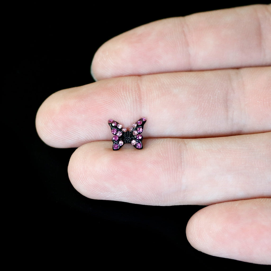 BodyCandy 16G 1/4 Pink Gem Black Midnight Butterfly Labret — in-use photo