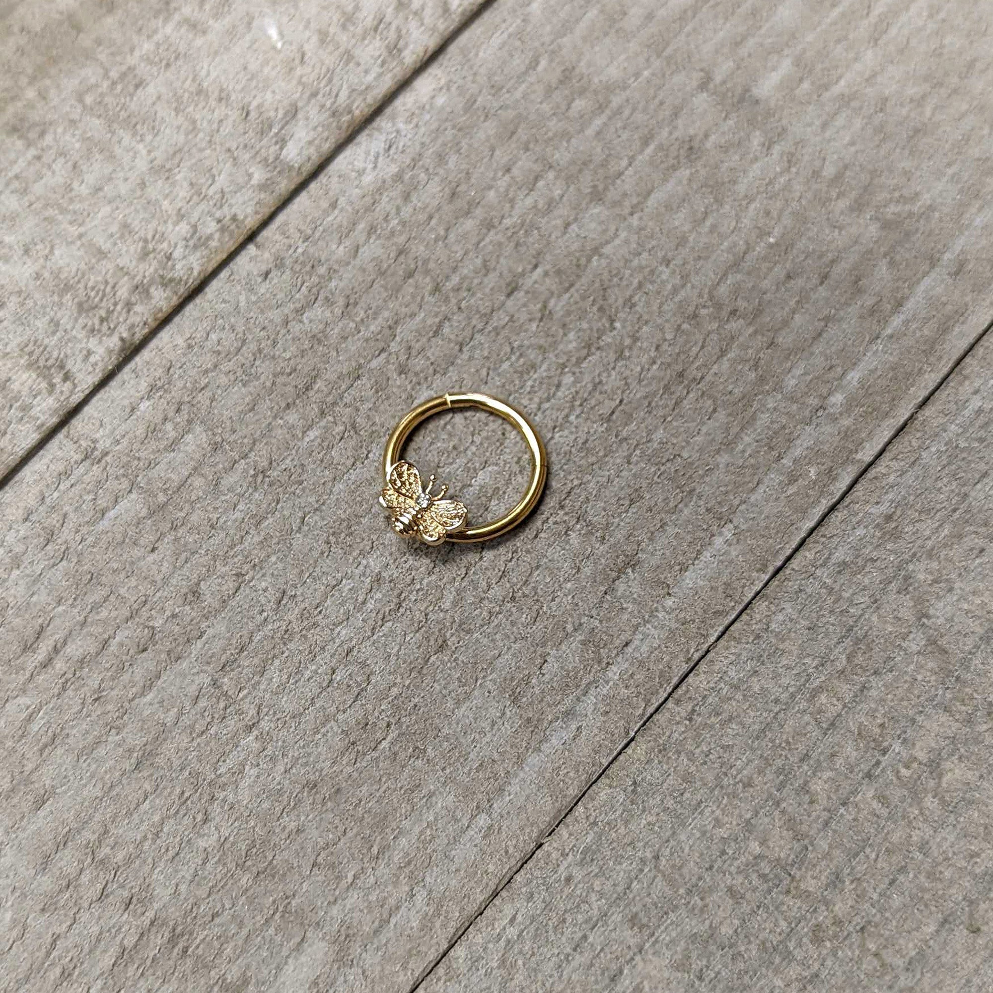 BodyCandy 16G 3/8 Clear Gem Gold Tone Beauty Bee Hinged Circular Ring — side view