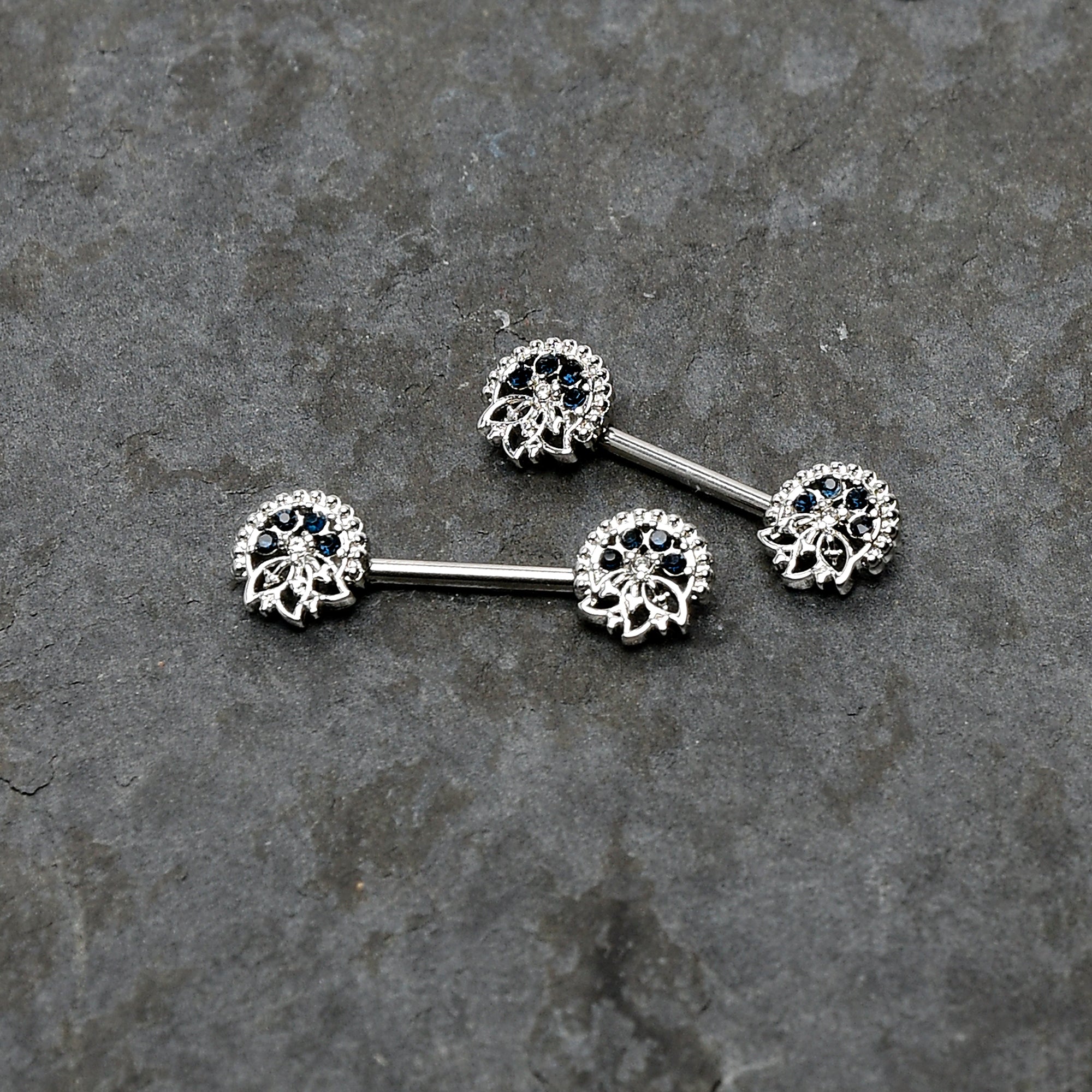 BodyCandy 14G 1/2 Blue Clear Gem Abstract Arch Barbell Nipple Ring Set — back view