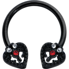 16G 3/8 Clear Red Gem Black Key Heart Horseshoe Circular Barbell