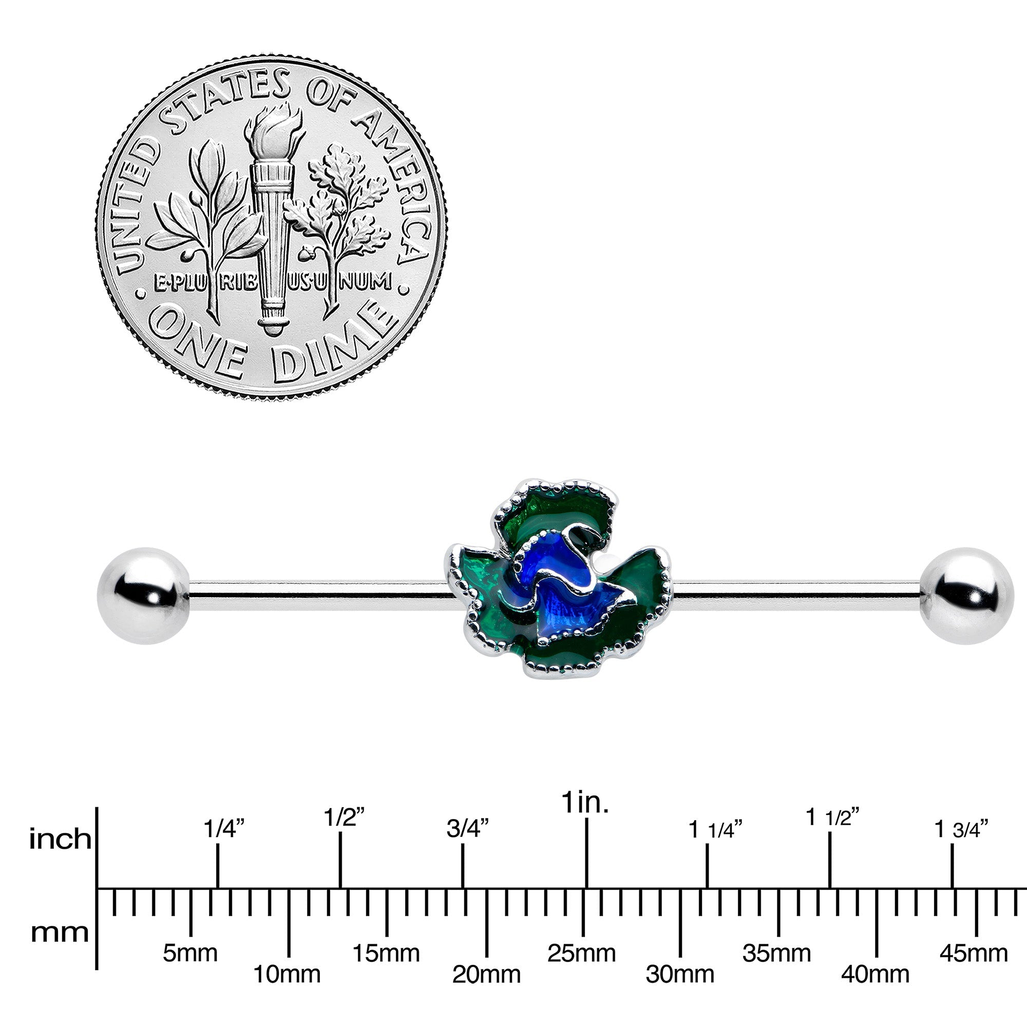 BodyCandy 14G Spring Flower Green Blue Industrial Barbell 38mm — lifestyle context