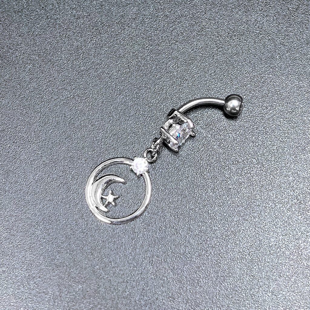 BodyCandy Clear Gem Star Crescent Moon Glamour Circle Dangle Belly Ring — detail close-up