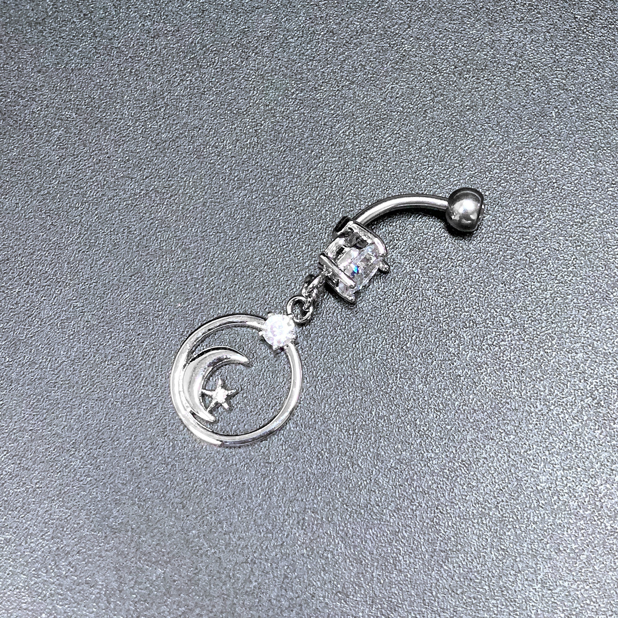 BodyCandy Clear Gem Star Crescent Moon Glamour Circle Dangle Belly Ring — detail close-up