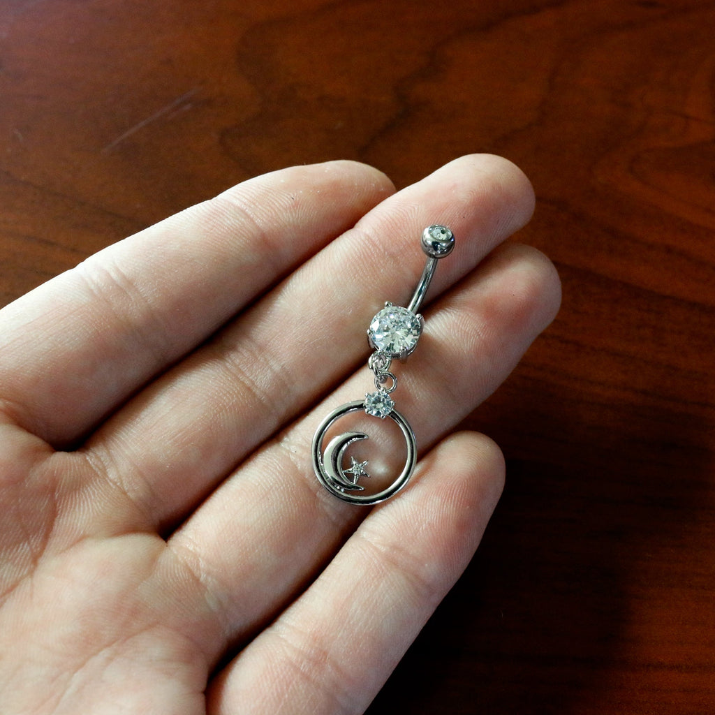 BodyCandy Clear Gem Star Crescent Moon Glamour Circle Dangle Belly Ring — in-use photo