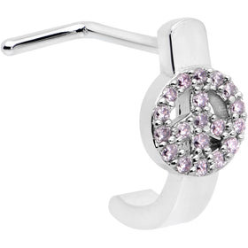 20G 5/16 Faint Pink Gem Retro Peace Sign Faux Hoop L Shape Nose Ring