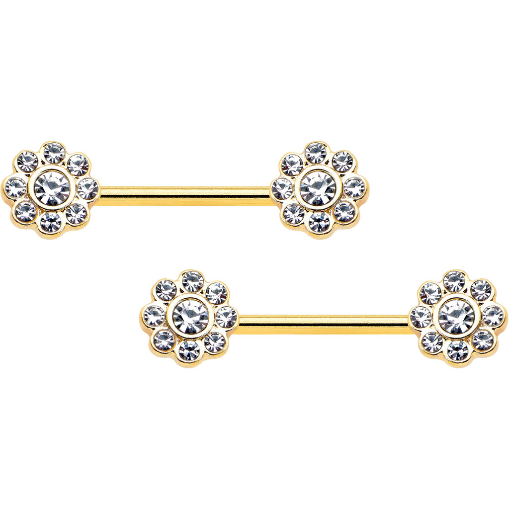 BodyCandy 14G 9/16 Clear Gem Gold Tone Whimsy Flower Barbell Nipple Ring Set — main product shot
