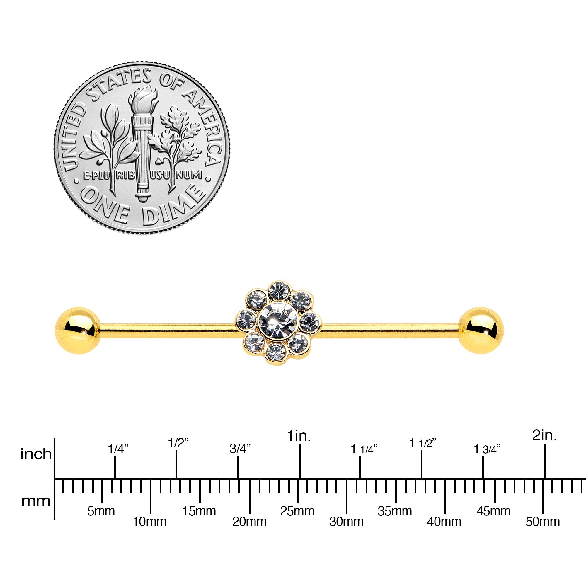 BodyCandy 14G Clear Gem Gold Tone Whimsy Flower Industrial Barbell 38mm — lifestyle context