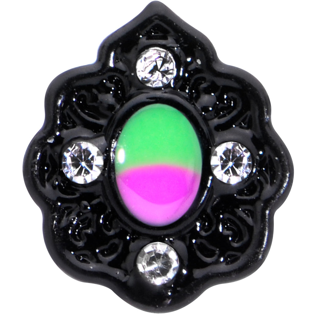 BodyCandy 16G 1/4 CZ Faux Tourmaline Black Lacy Drop Labret — detail close-up