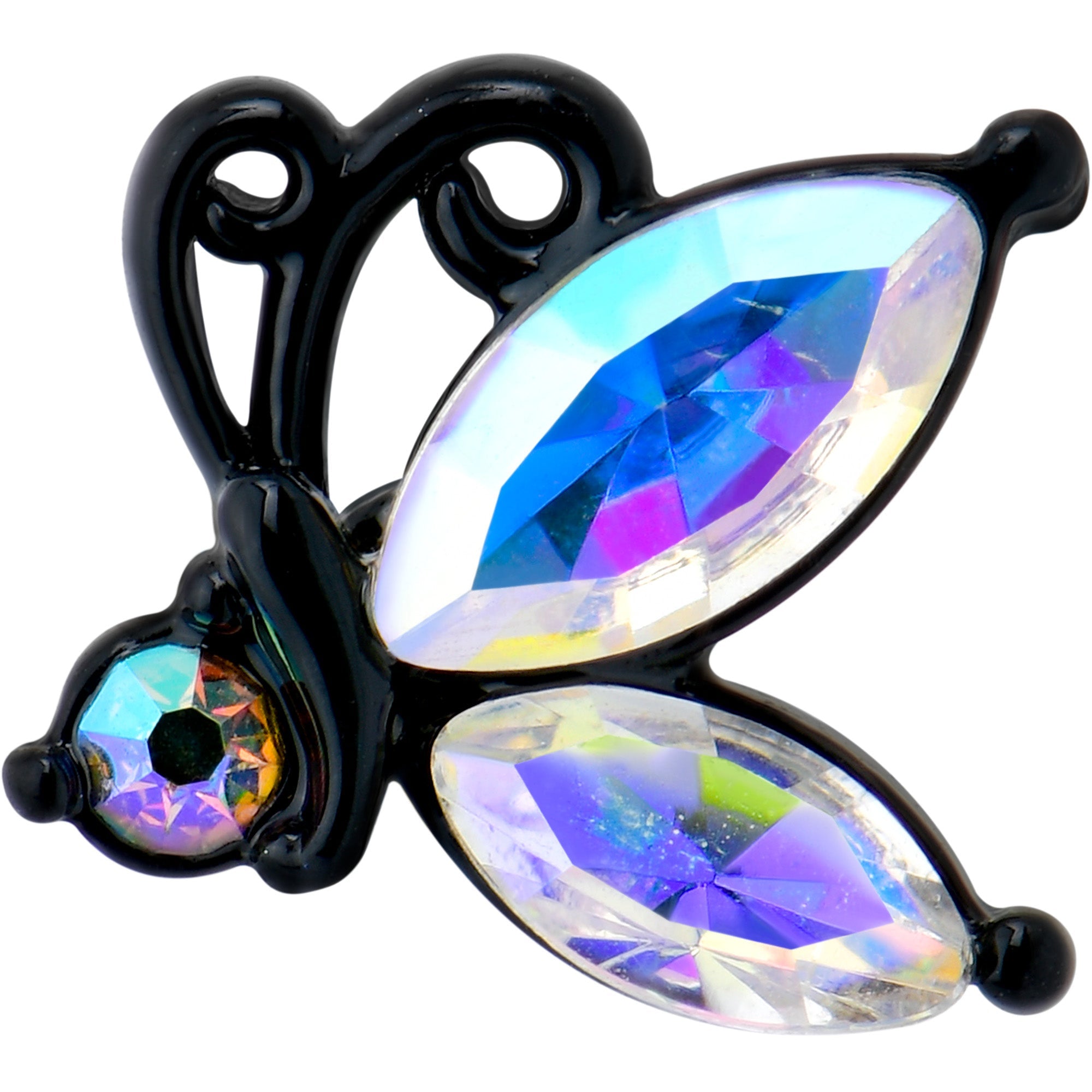 BodyCandy 16G 5/16 Aurora CZ Gem Black Fleur de Lis Butterfly Labret Monroe Tragus — detail close-up