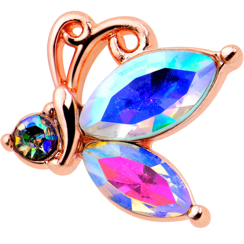 BodyCandy 16G 5/16 Aurora CZ Gem Rosy Tone Fleur de Lis Butterfly Labret Monroe Tragus — detail close-up