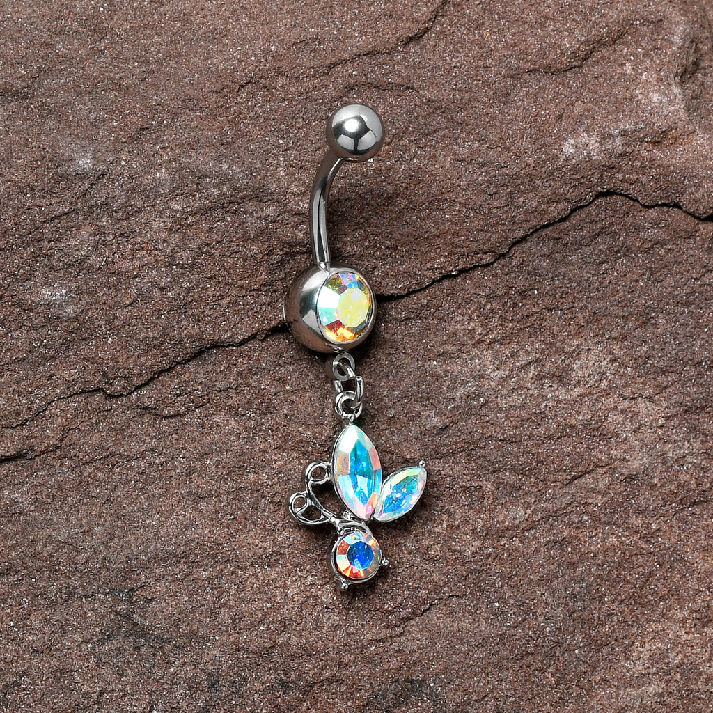BodyCandy Aurora Gem Fleur de Lis Butterfly Dangle Belly Ring — detail close-up