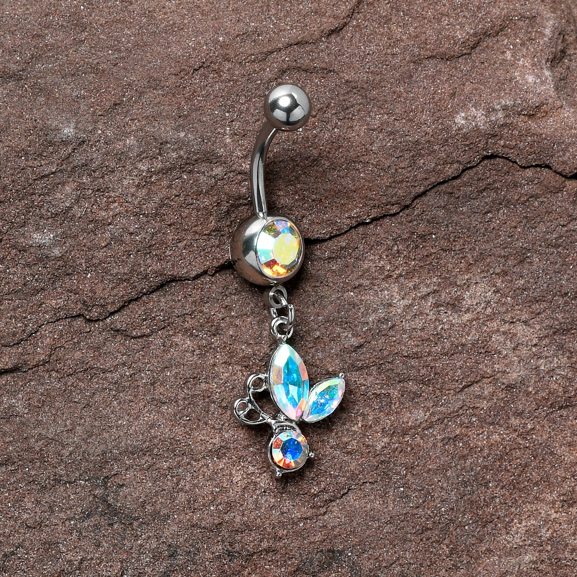 BodyCandy Aurora Gem Fleur de Lis Butterfly Dangle Belly Ring — detail close-up