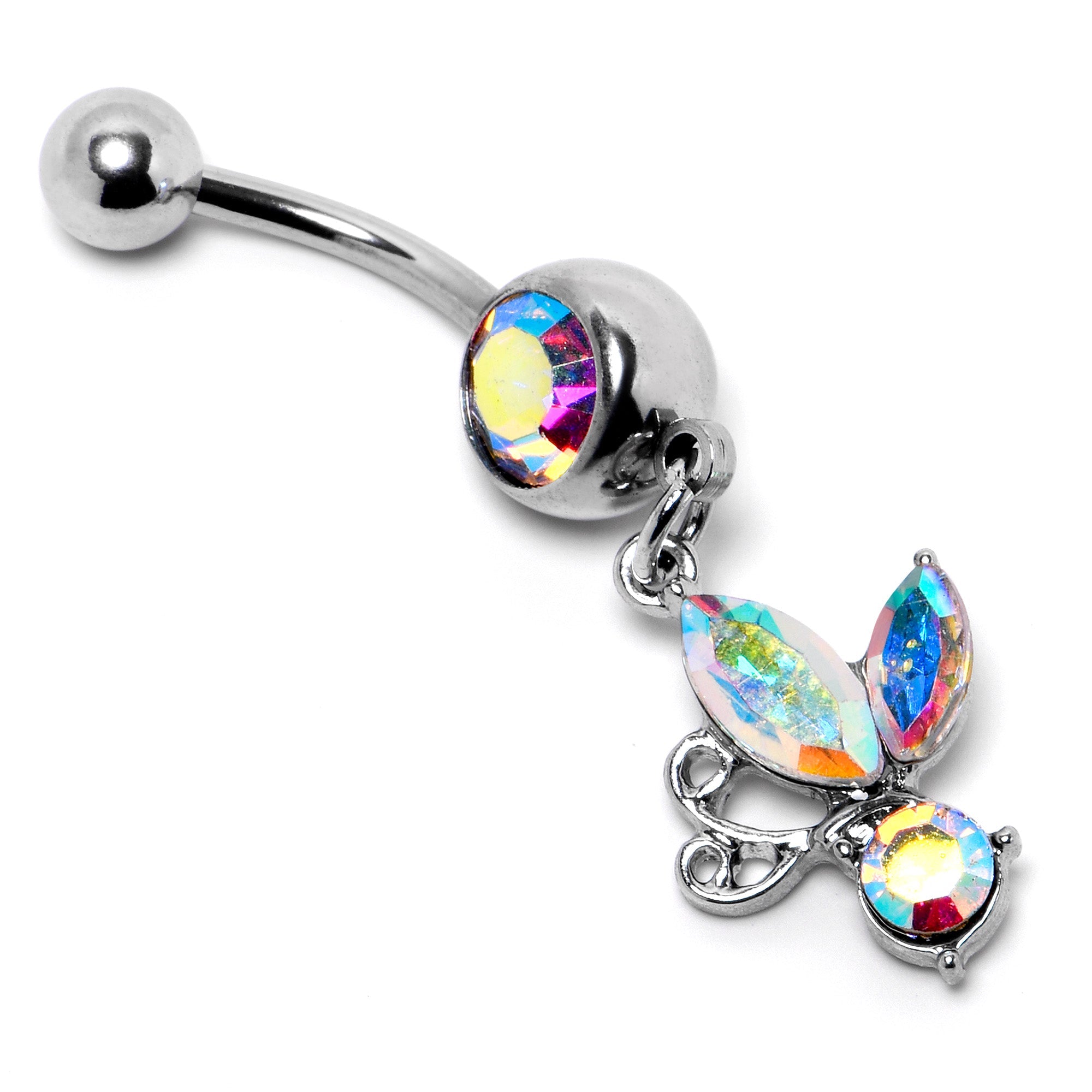 BodyCandy Aurora Gem Fleur de Lis Butterfly Dangle Belly Ring — lifestyle context