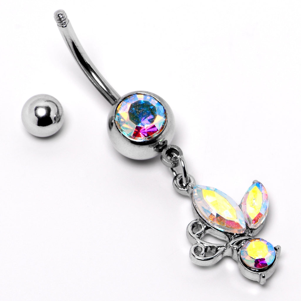 BodyCandy Aurora Gem Fleur de Lis Butterfly Dangle Belly Ring — side view