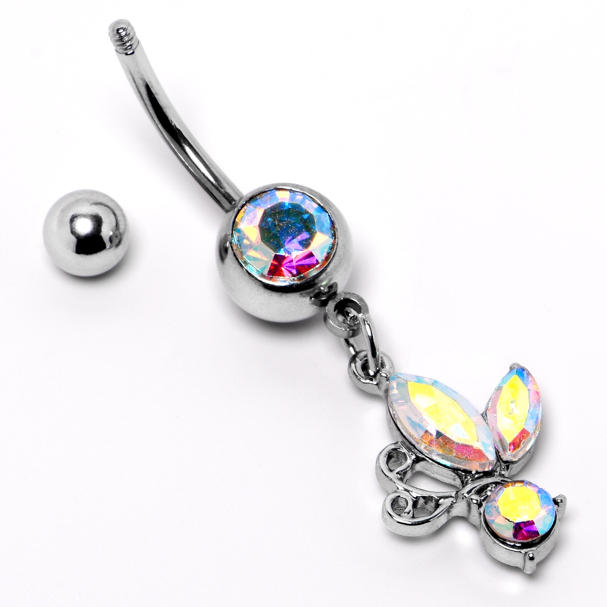 BodyCandy Aurora Gem Fleur de Lis Butterfly Dangle Belly Ring — side view