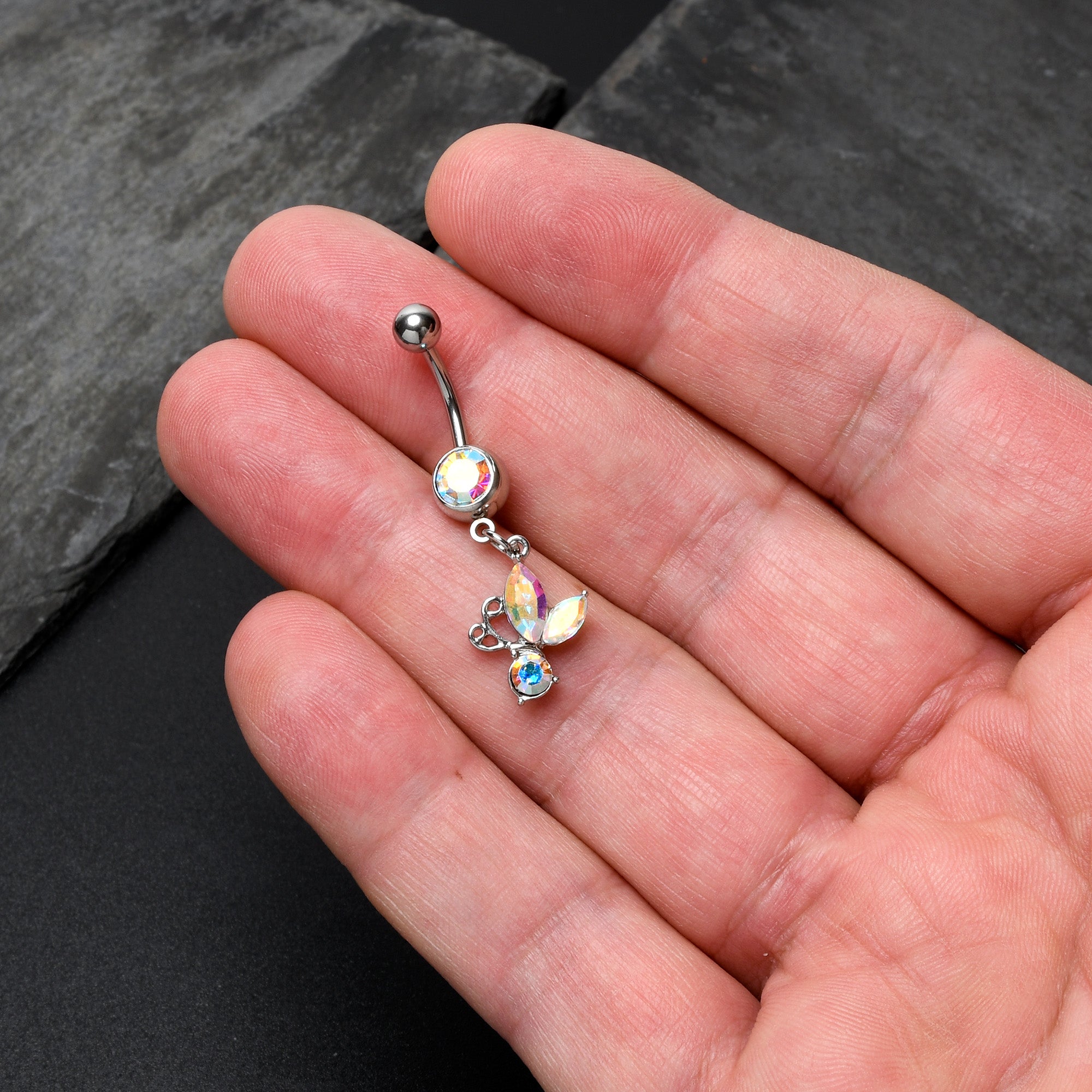 BodyCandy Aurora Gem Fleur de Lis Butterfly Dangle Belly Ring — back view