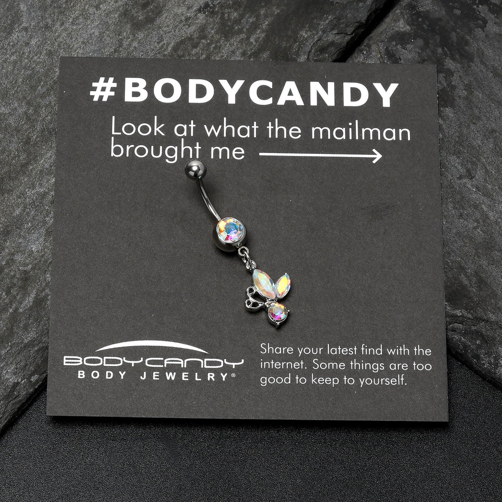BodyCandy Aurora Gem Fleur de Lis Butterfly Dangle Belly Ring — in-use photo