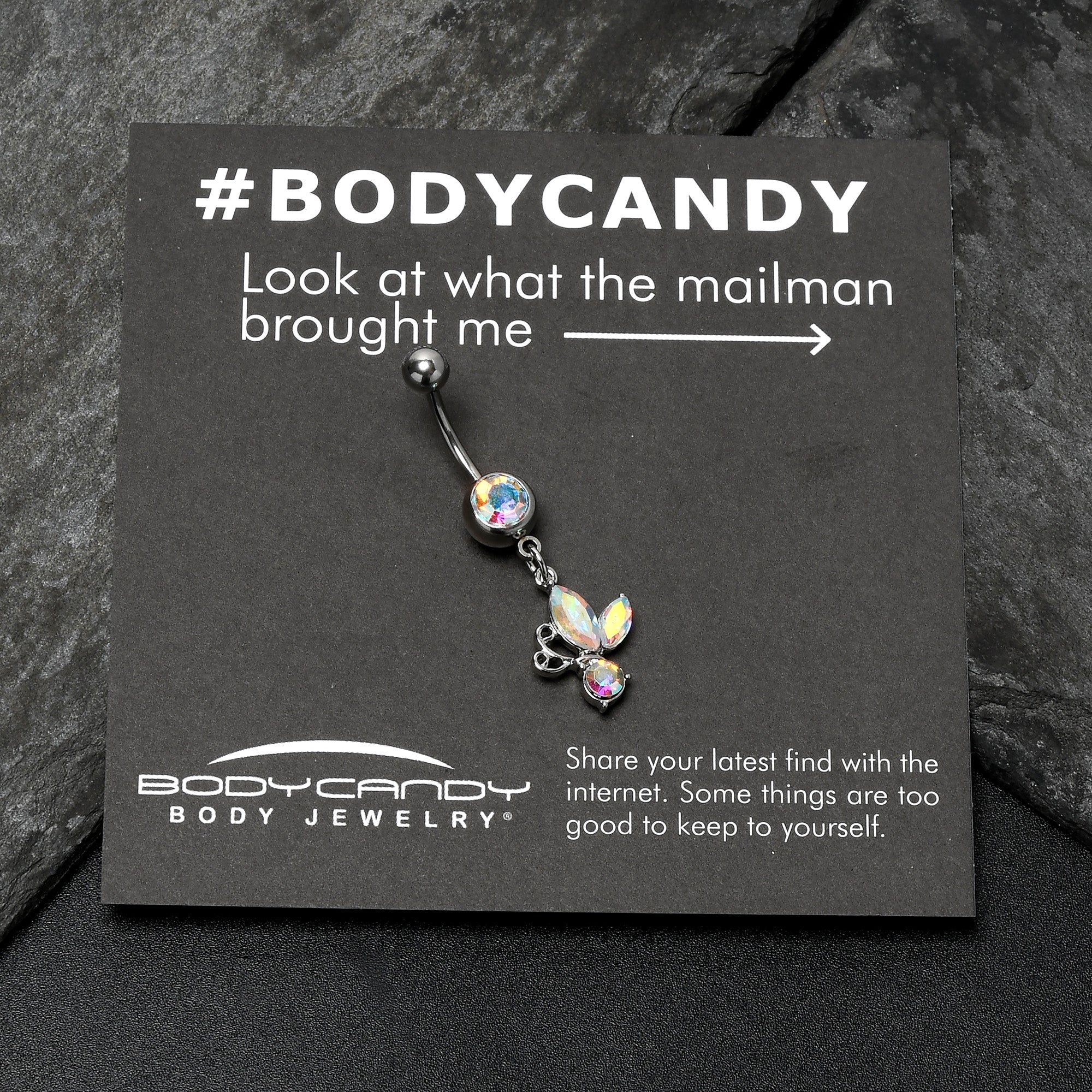 BodyCandy Aurora Gem Fleur de Lis Butterfly Dangle Belly Ring — in-use photo