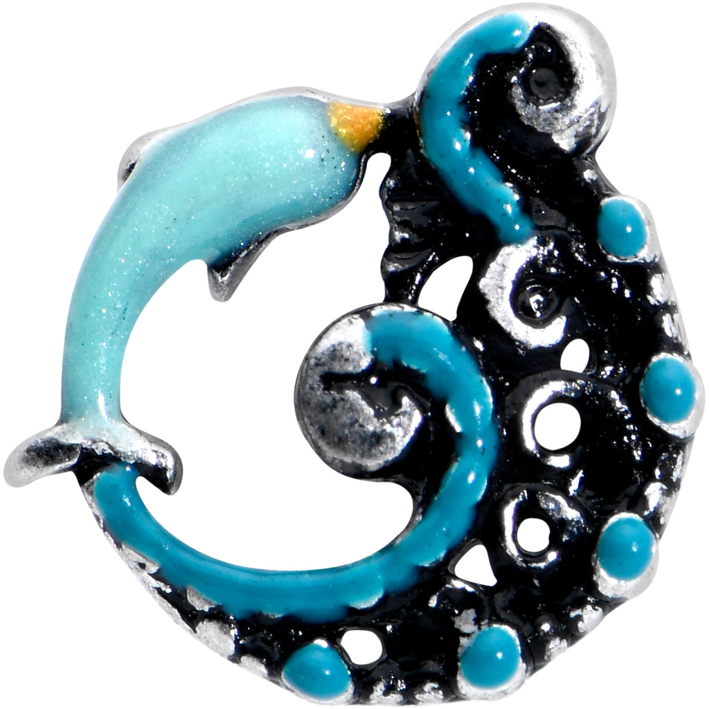 BodyCandy 16G 1/4 Leaping Blue Dolphin Labret — detail close-up