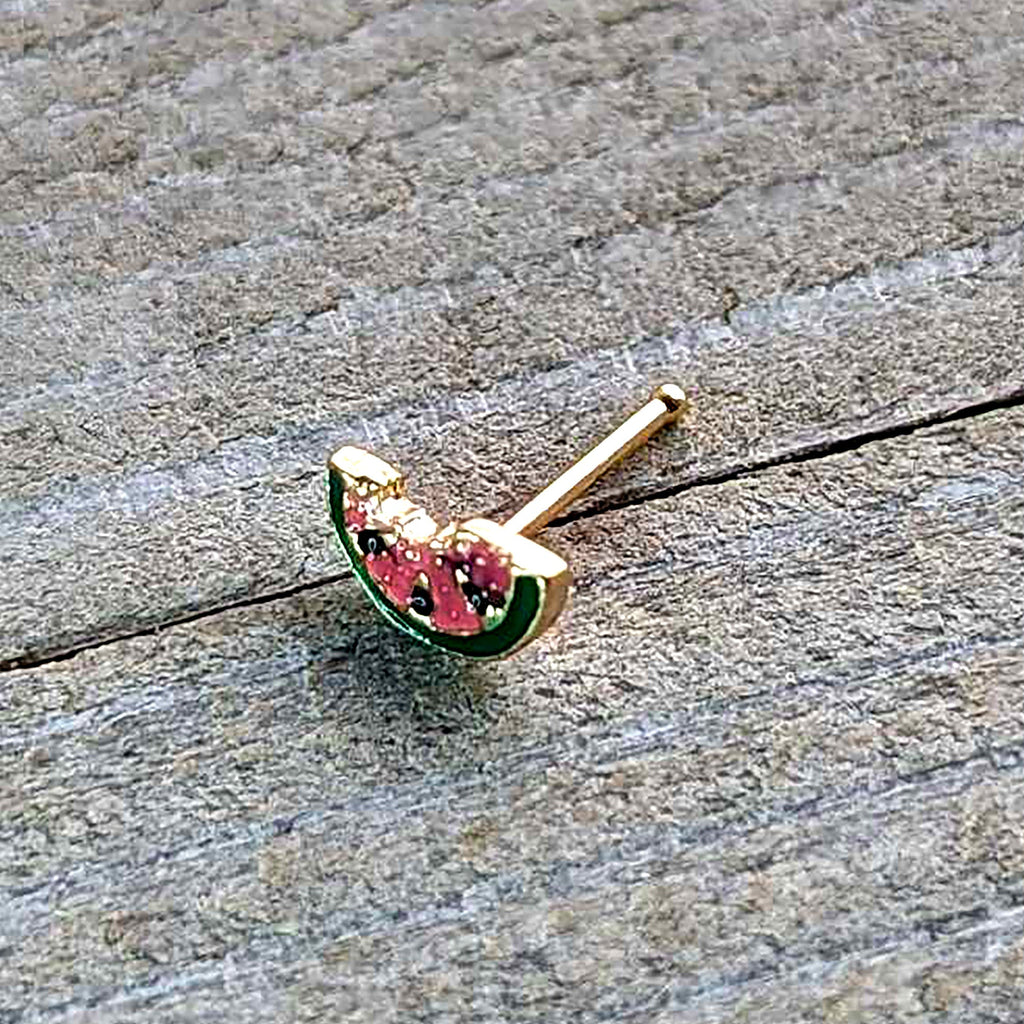 BodyCandy 20G 1/4 Gold Tone Watermelon Bite Nose Bone — in-use photo