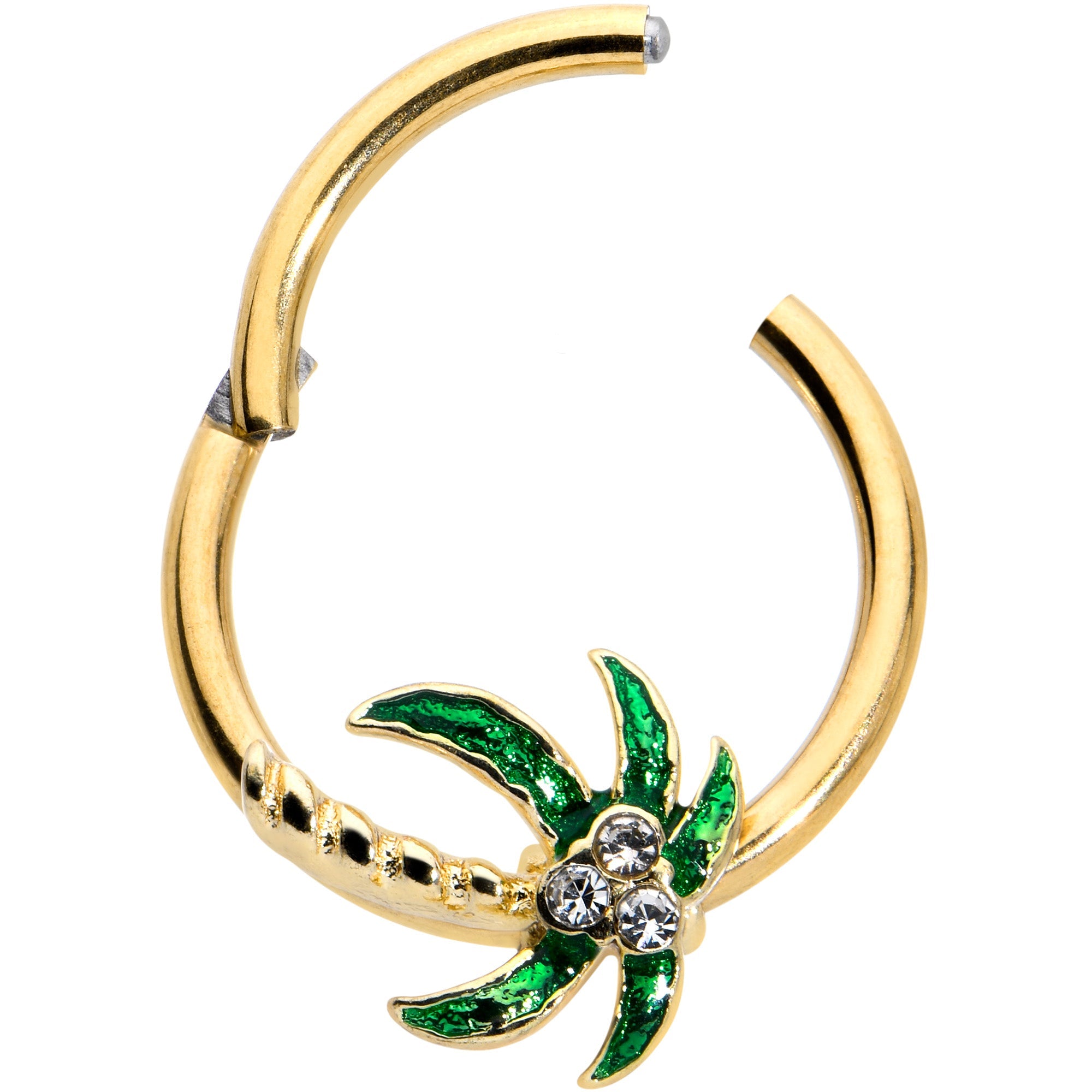 BodyCandy 16G 3/8 Clear Gem Gold Tone Palm Tree Style Hinged Segment Ring — detail close-up