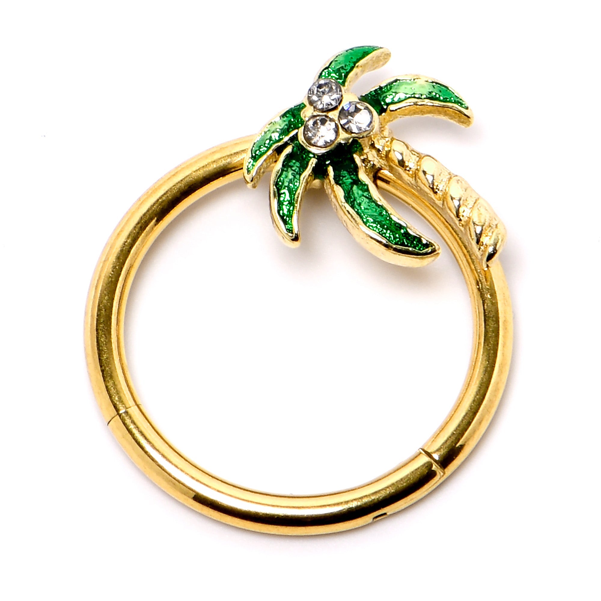 BodyCandy 16G 3/8 Clear Gem Gold Tone Palm Tree Style Hinged Segment Ring — side view