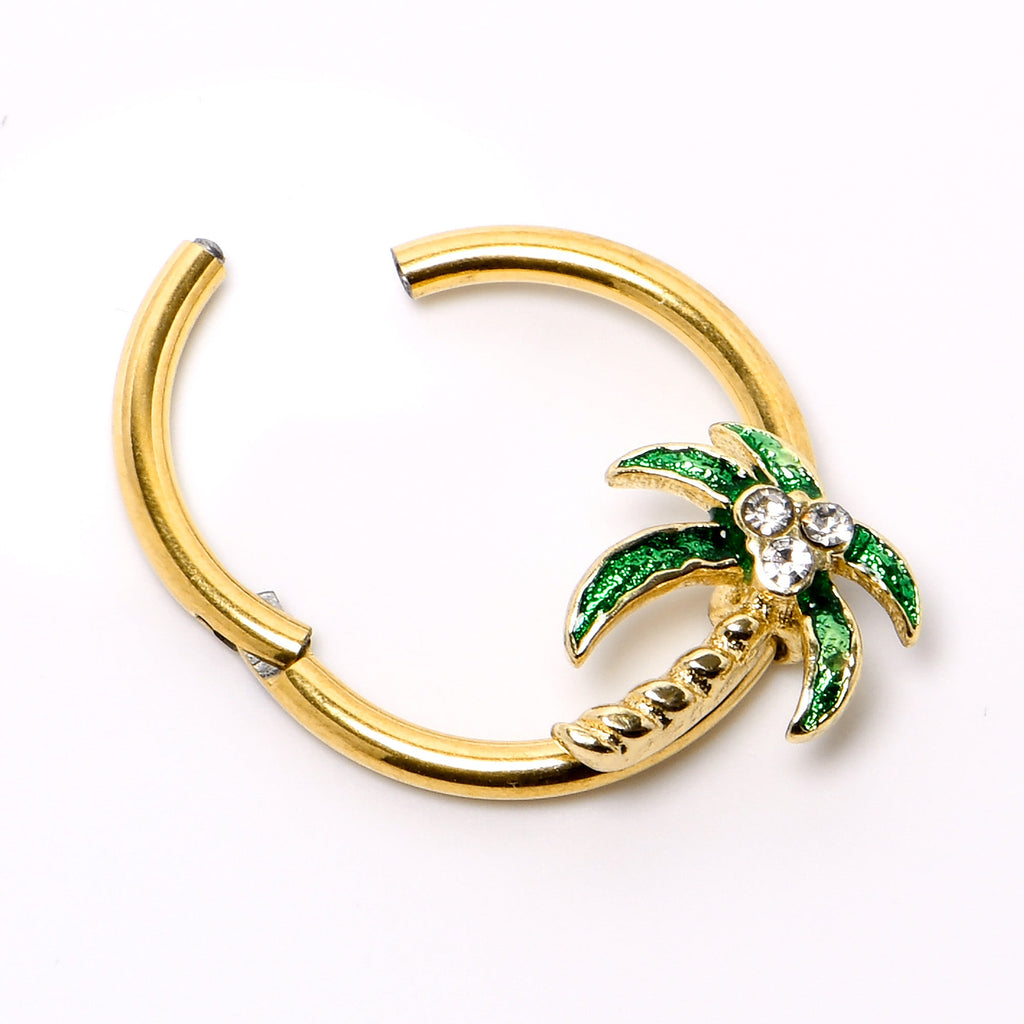 BodyCandy 16G 3/8 Clear Gem Gold Tone Palm Tree Style Hinged Segment Ring — back view