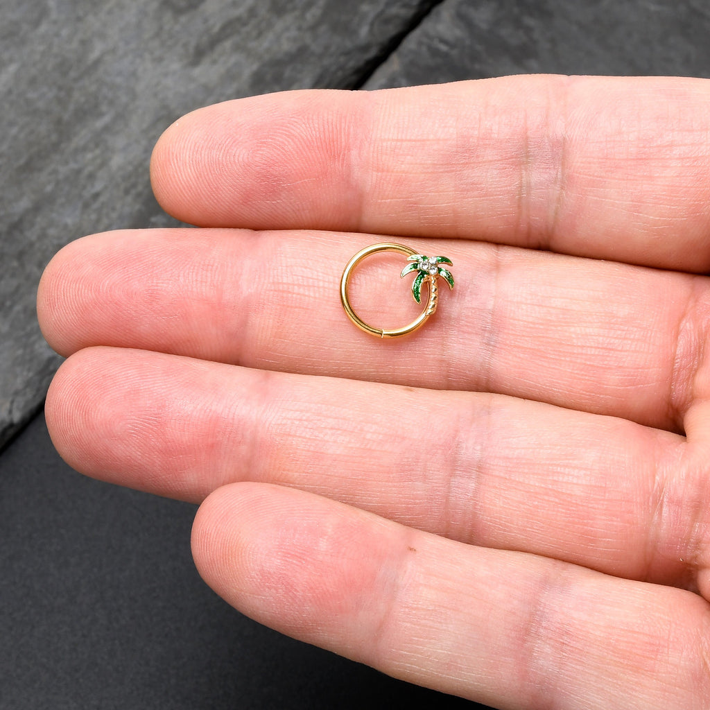 BodyCandy 16G 3/8 Clear Gem Gold Tone Palm Tree Style Hinged Segment Ring — alternative angle
