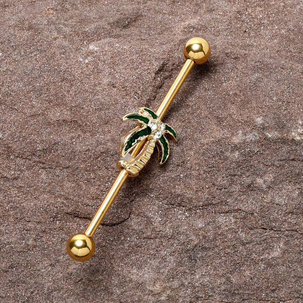 BodyCandy 14G Clear Gem Gold Tone Palm Tree Style Industrial Barbell 38mm — detail close-up