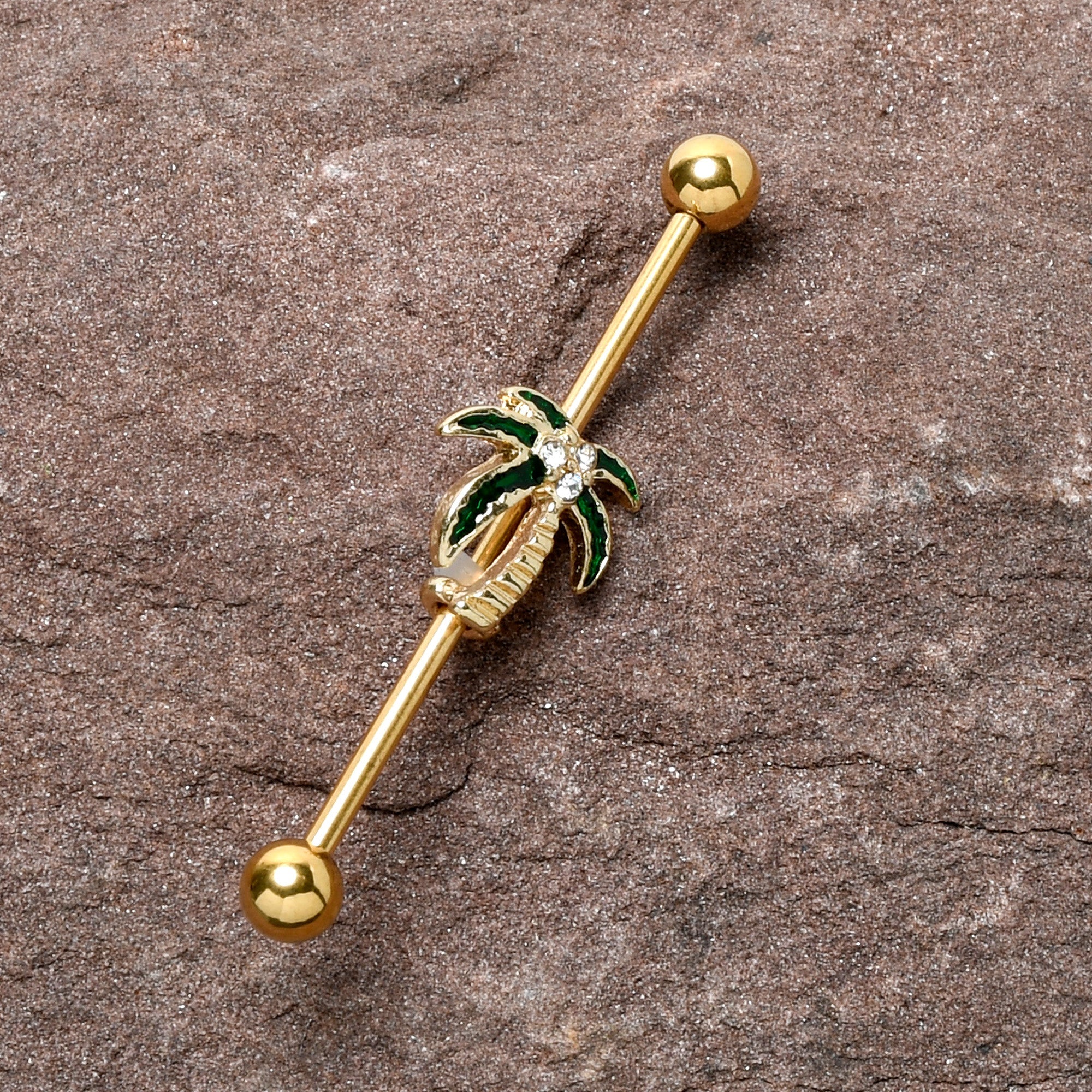 BodyCandy 14G Clear Gem Gold Tone Palm Tree Style Industrial Barbell 38mm — lifestyle context