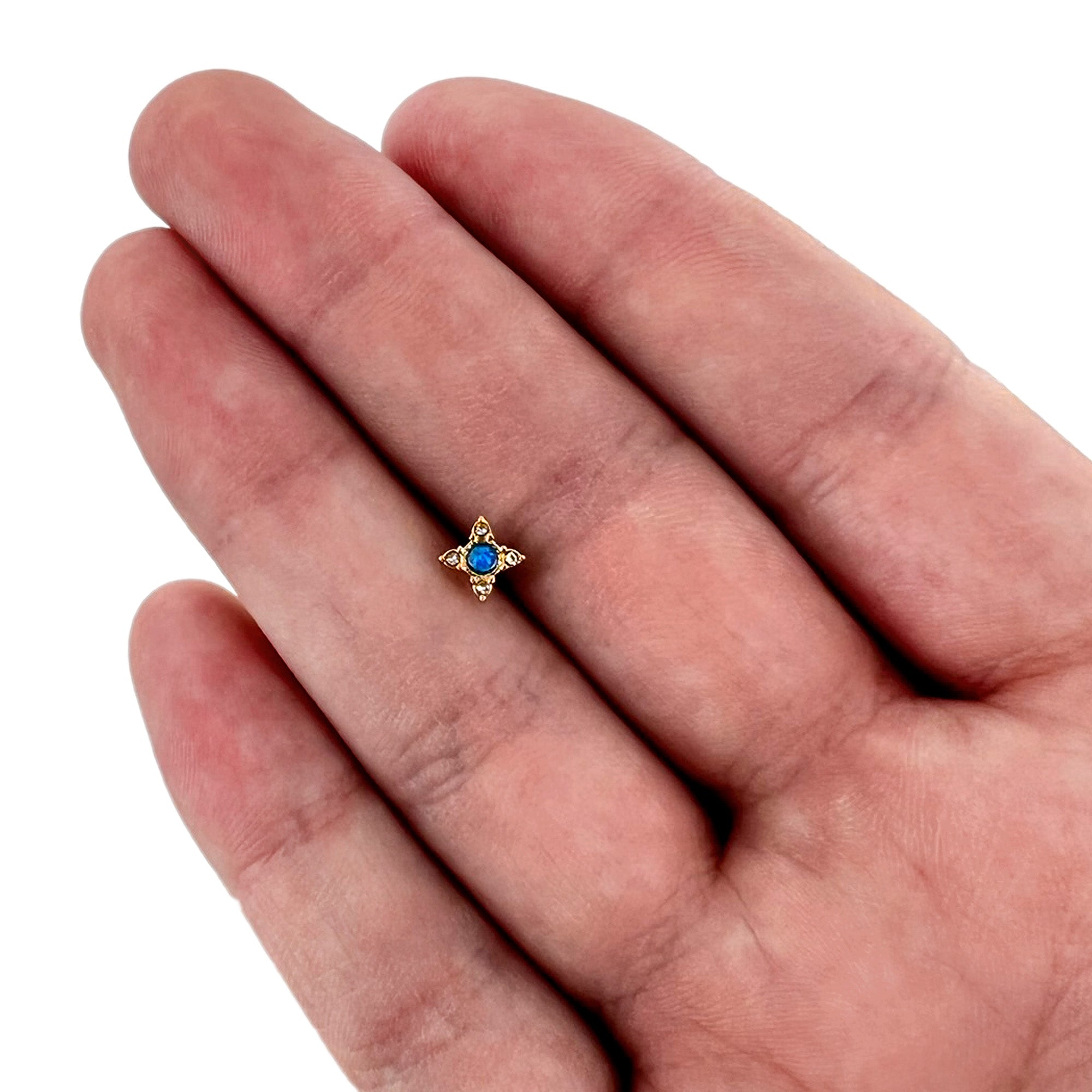 BodyCandy 16G 5/16 Blue Synthetic Opal Gold Hue Rhombus Labret Monroe Tragus — size reference