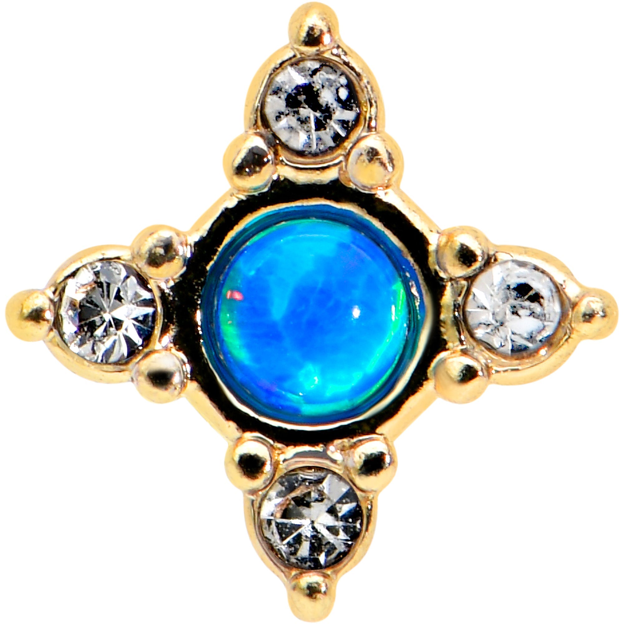 BodyCandy 20G 1/4 Blue Synthetic Opal Gold Hue Rhombus L Shape Nose Ring — detail close-up
