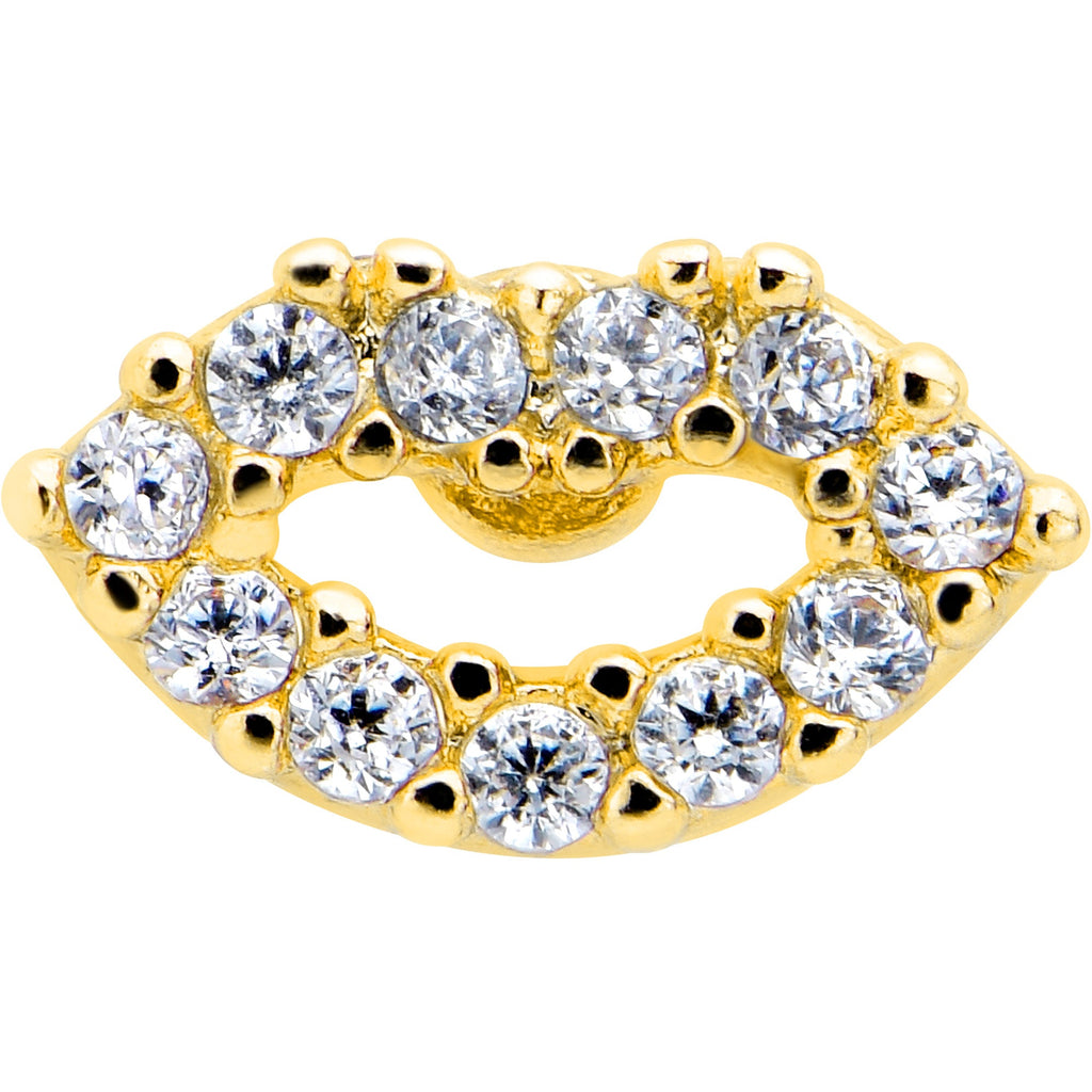 BodyCandy 16G 1/4 Clear CZ Gem Kissy Lips Golden Threadless Labret Tragus — detail close-up