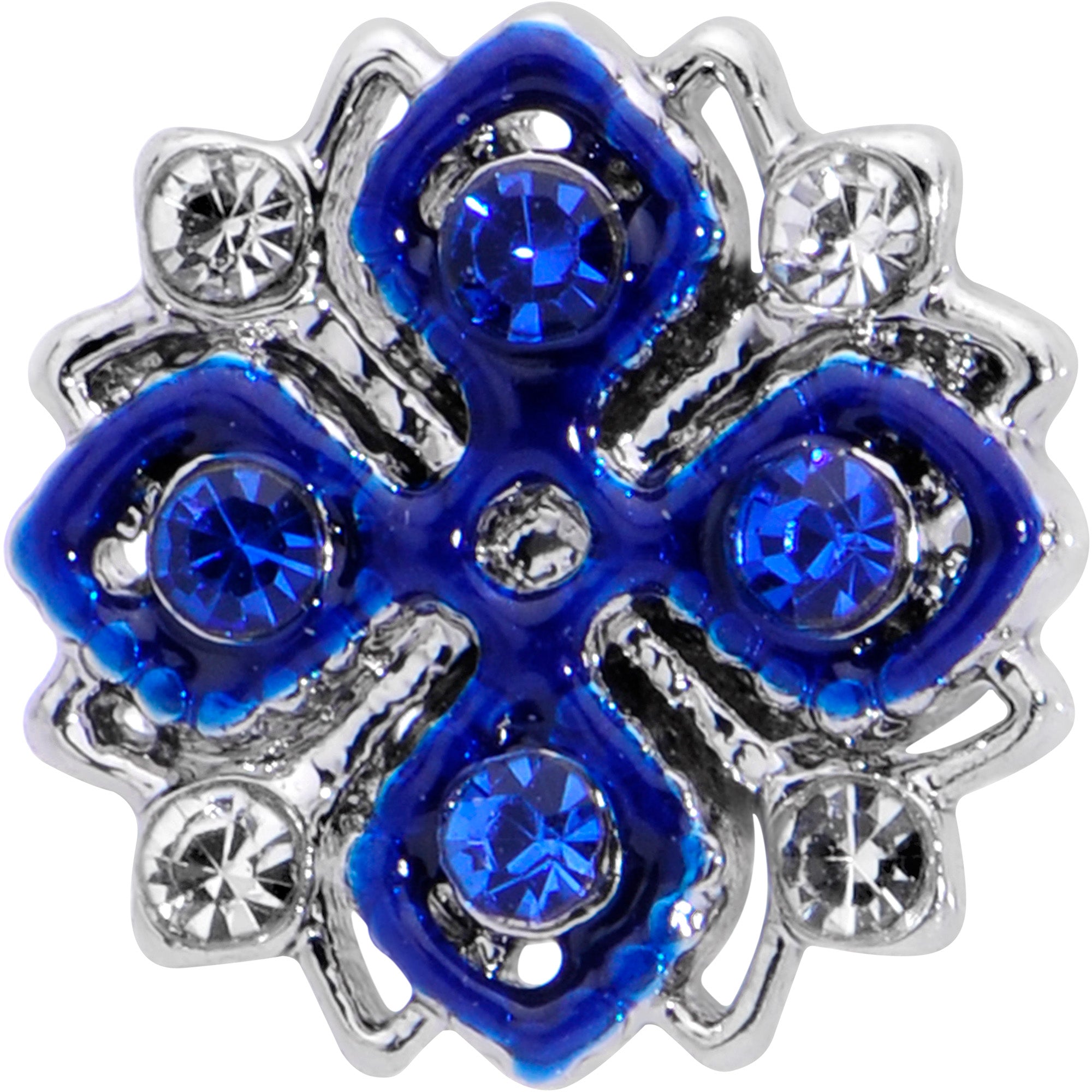 BodyCandy 16G 5/16 Blue Clear Gem Embellished Cross Labret Monroe Tragus — detail close-up