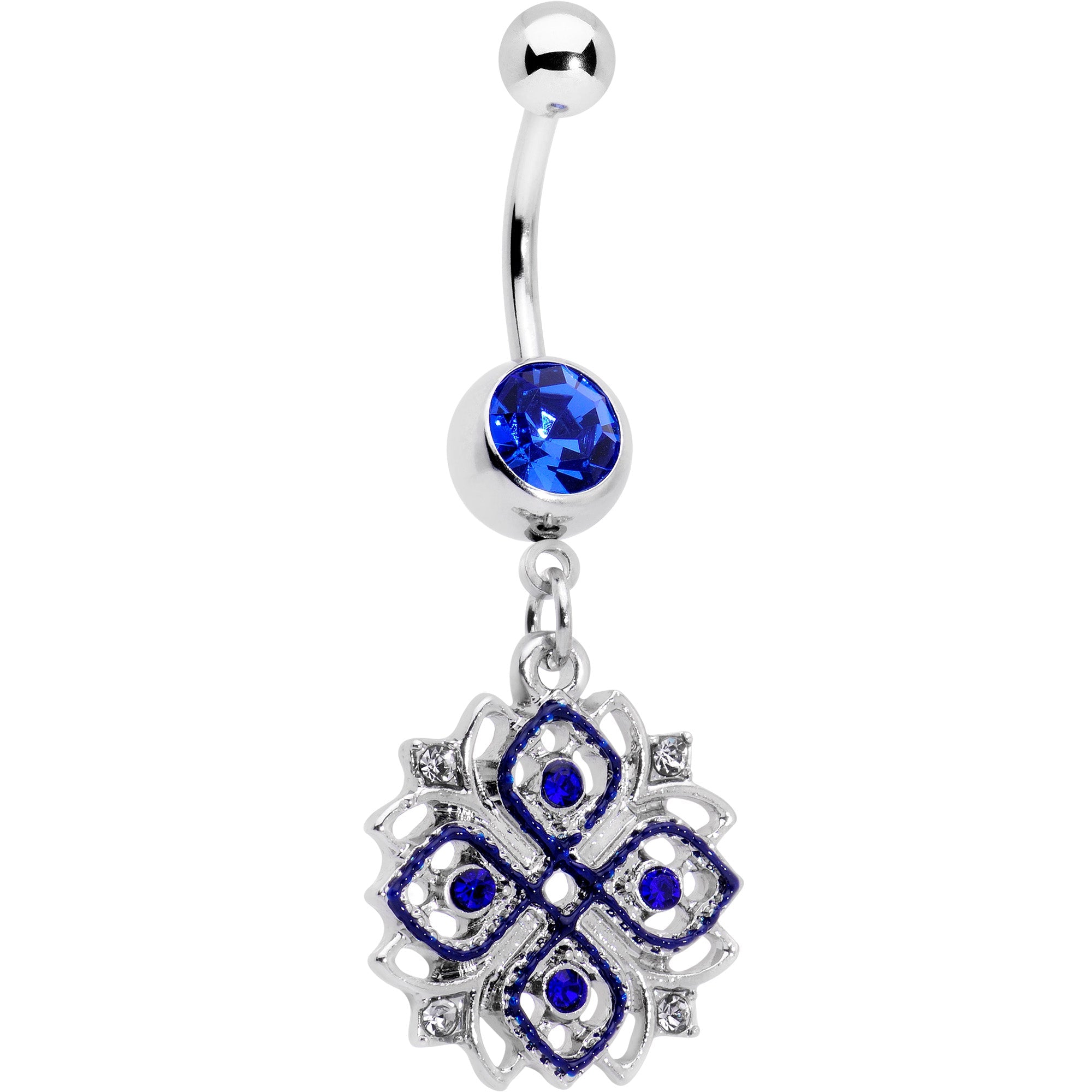 BodyCandy Clear Blue Gem Embellished Cross Dangle Belly Ring — lifestyle context