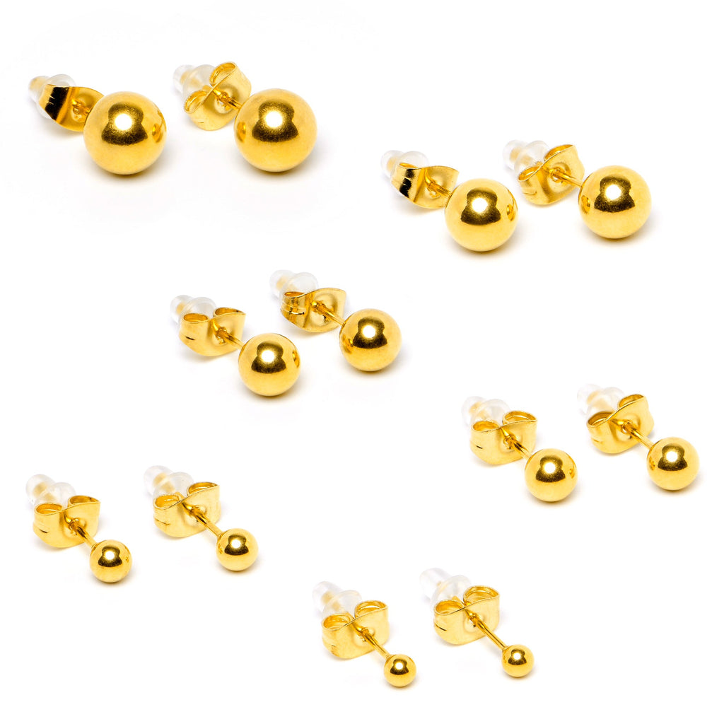 BodyCandy 3mm-8mm Ball Stud Gold Tone 316L Stainless Steel Earrings 6 Pack — back view