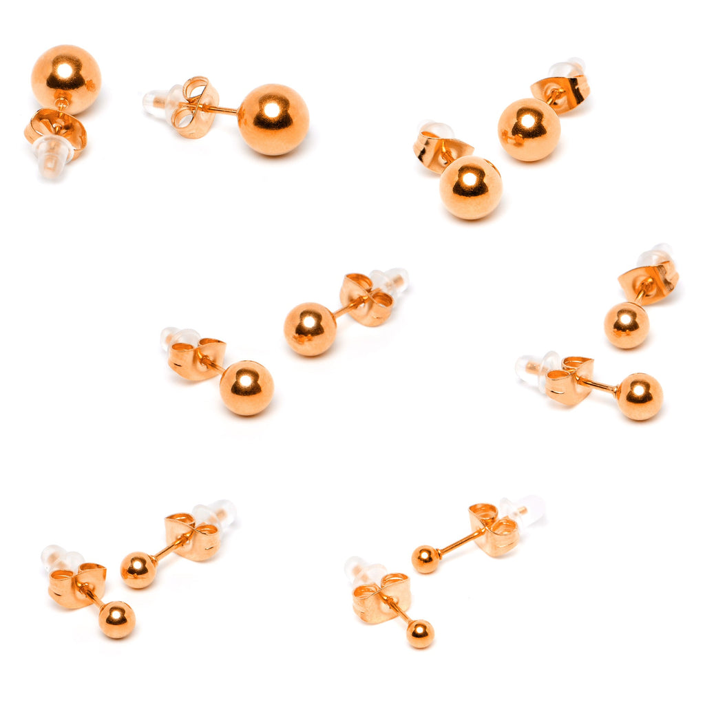 BodyCandy 3mm-8mm Ball Stud Rose Gold Tone 316L Stainless Steel Earrings 6 Pack — side view