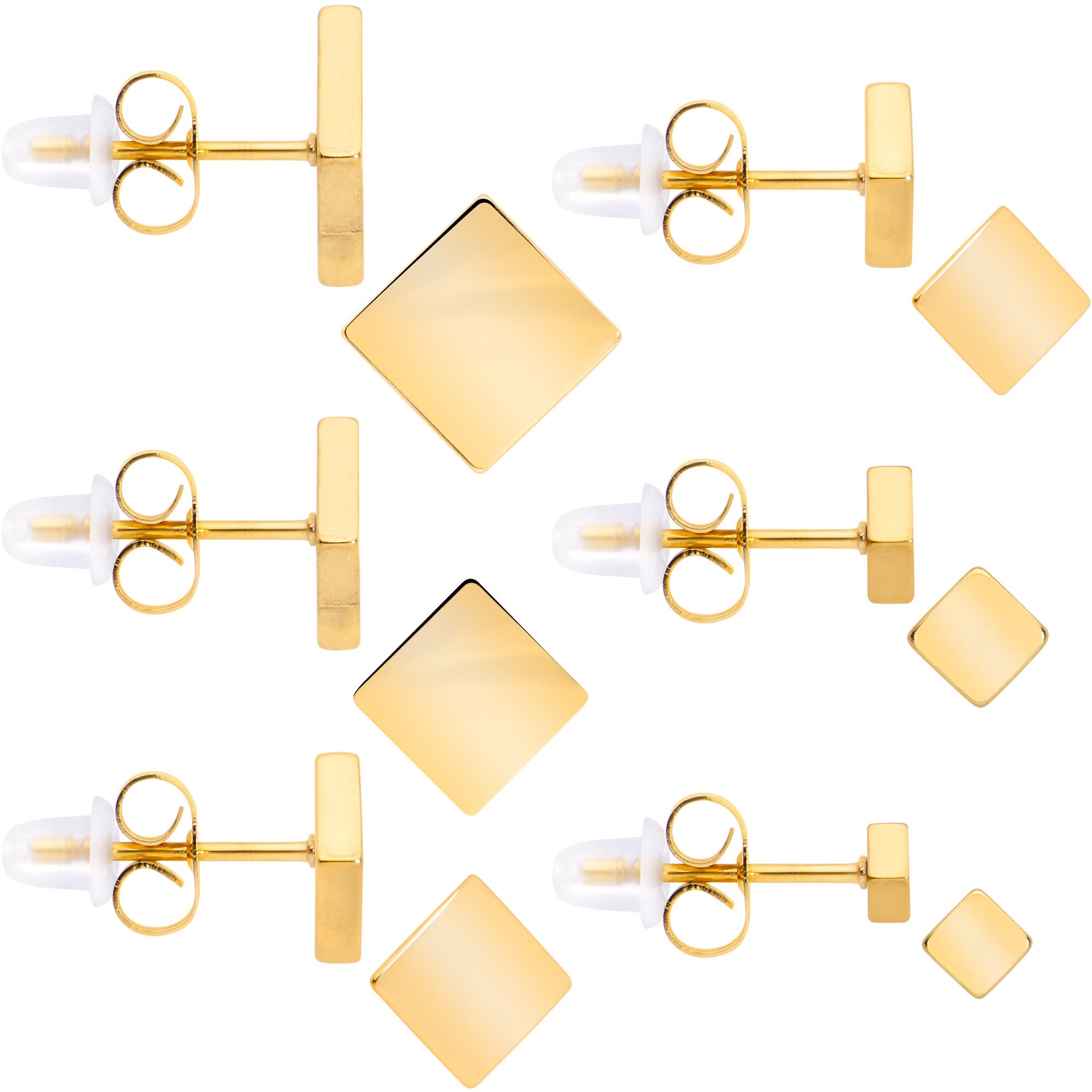 BodyCandy 3mm-8mm Square Stud Gold Tone 316L Stainless Steel Earrings 6 Pack — main product shot