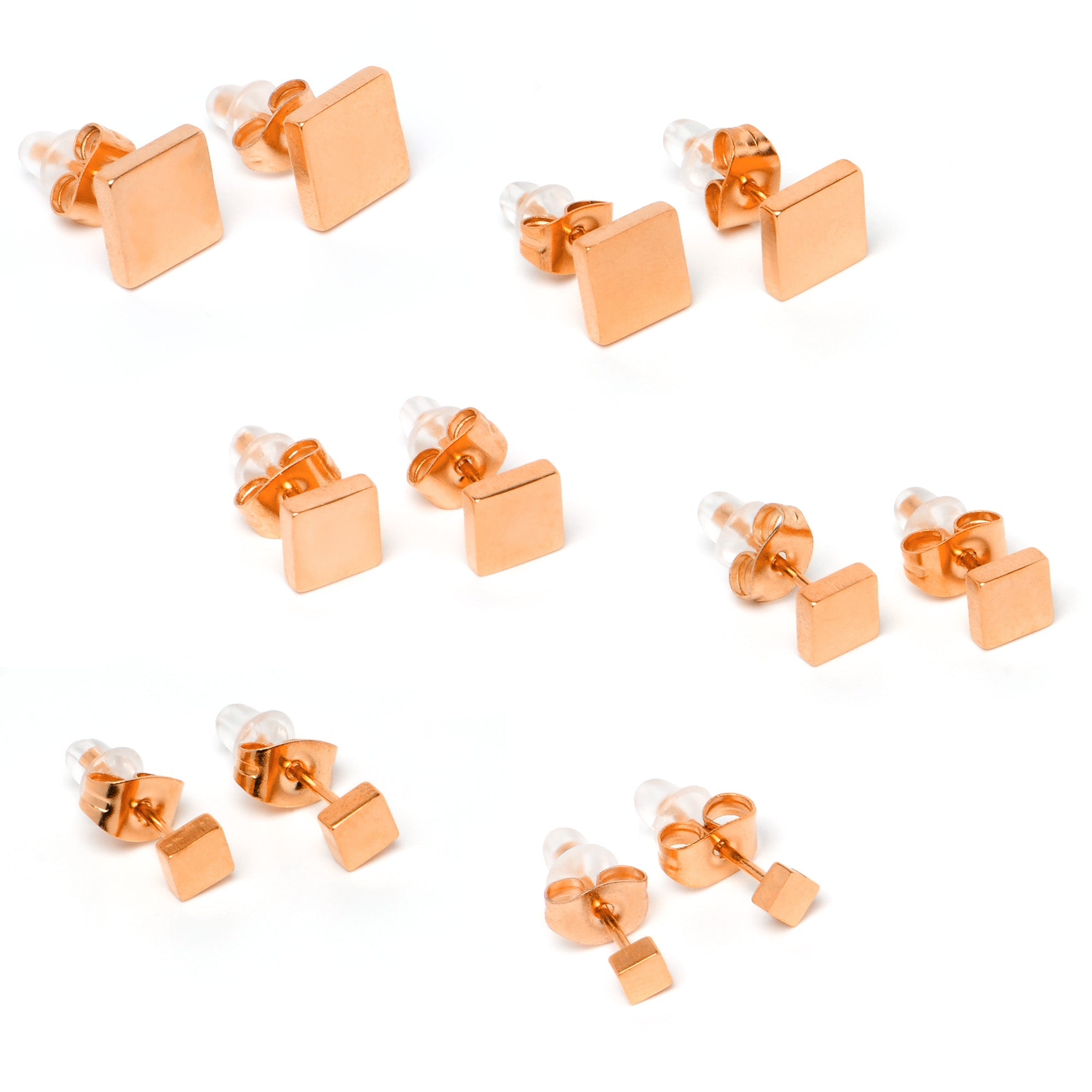 BodyCandy 3mm-8mm Square Stud Rose Gold Tone 316L Stainless Steel Earrings 6 Pack — back view