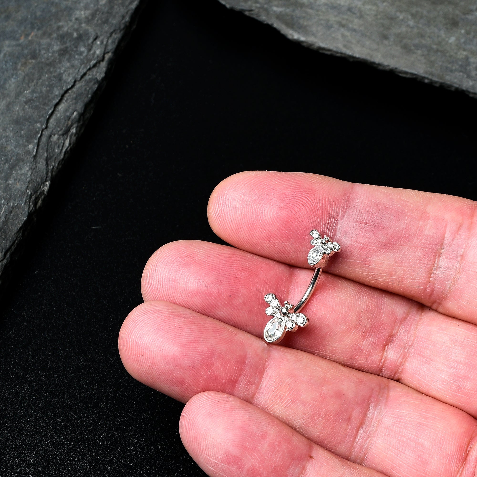 BodyCandy Clear Gem Fanciful Butterfly Double Mount Belly Ring — detail close-up