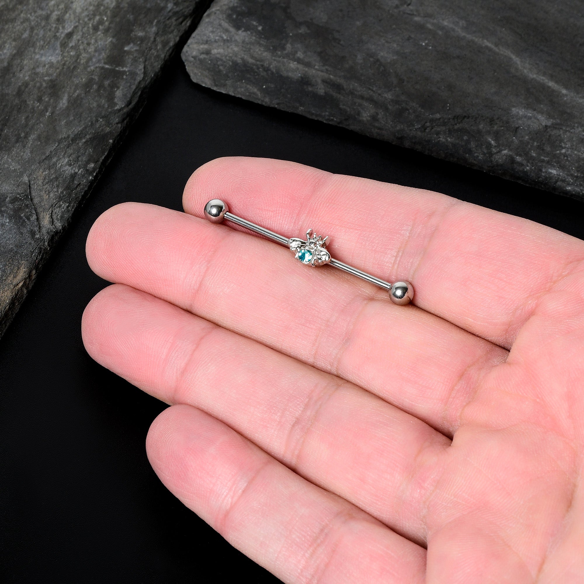 BodyCandy 14G Blue Gem Bee Beautiful Insect Industrial Barbell 38mm — in-use photo