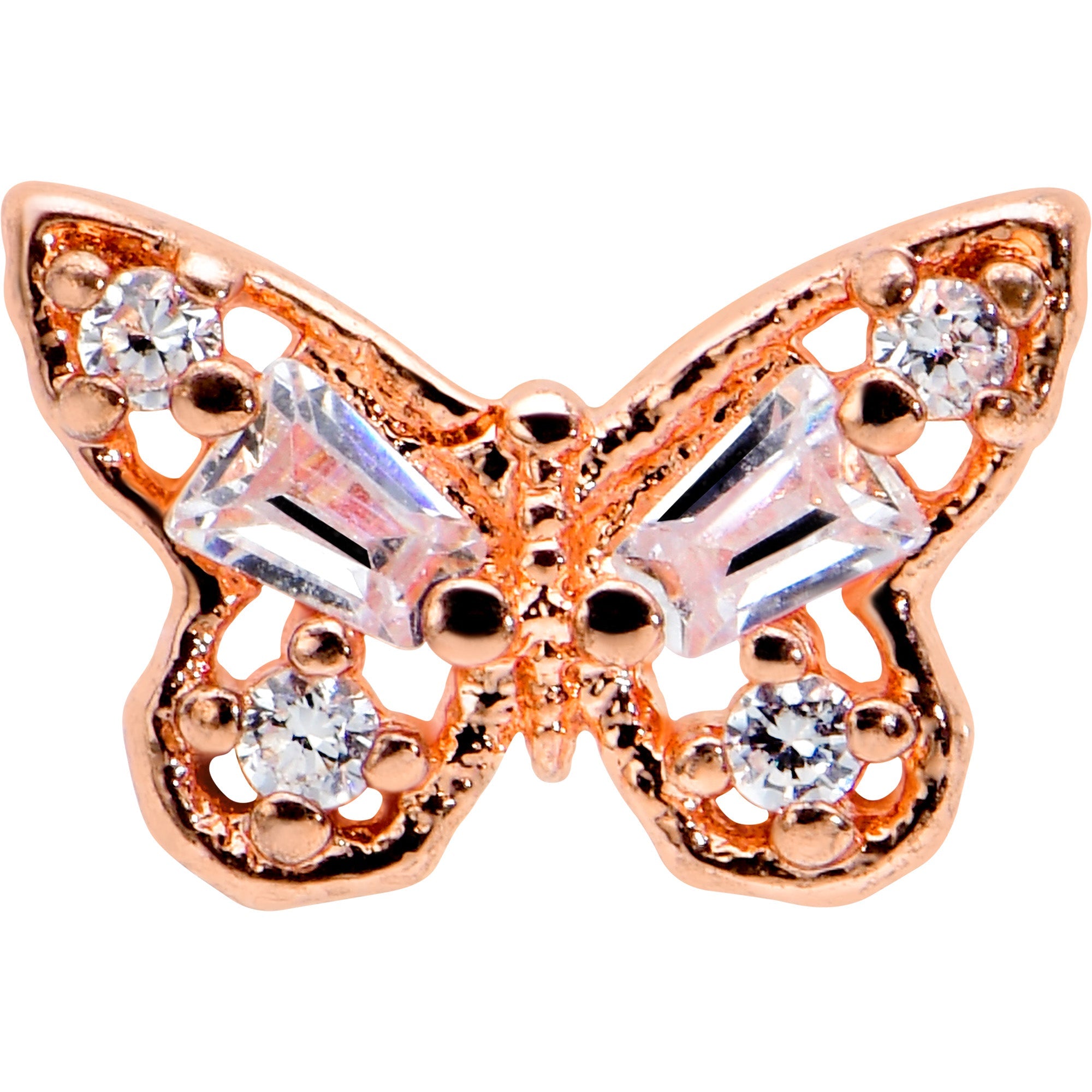 BodyCandy 16G 5/16 Clear Gem Rose Gold Tone Opulent Butterfly Labret Tragus — detail close-up