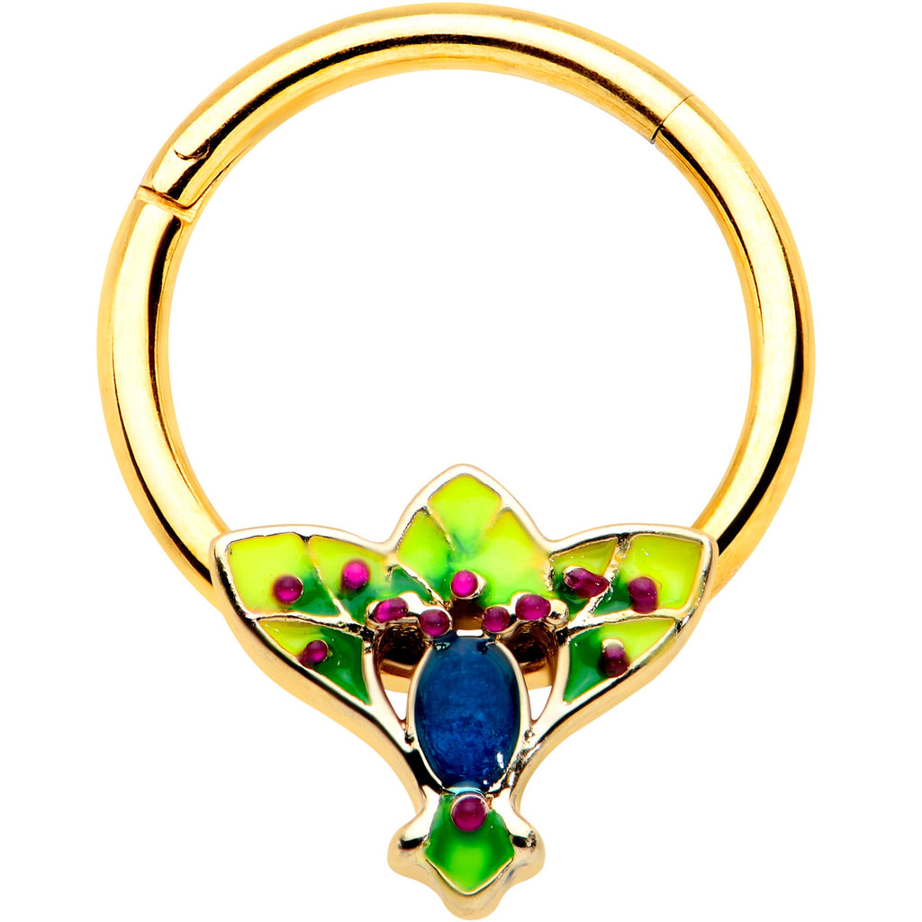BodyCandy 16G 3/8 Blue Gem Gold Tone Tropic Fan Hinged Segment Ring — main product shot