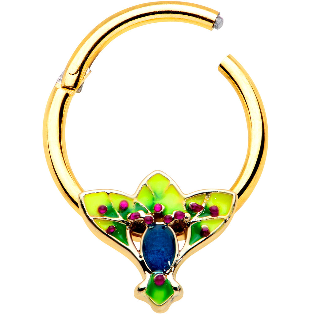 BodyCandy 16G 3/8 Blue Gem Gold Tone Tropic Fan Hinged Segment Ring — detail close-up