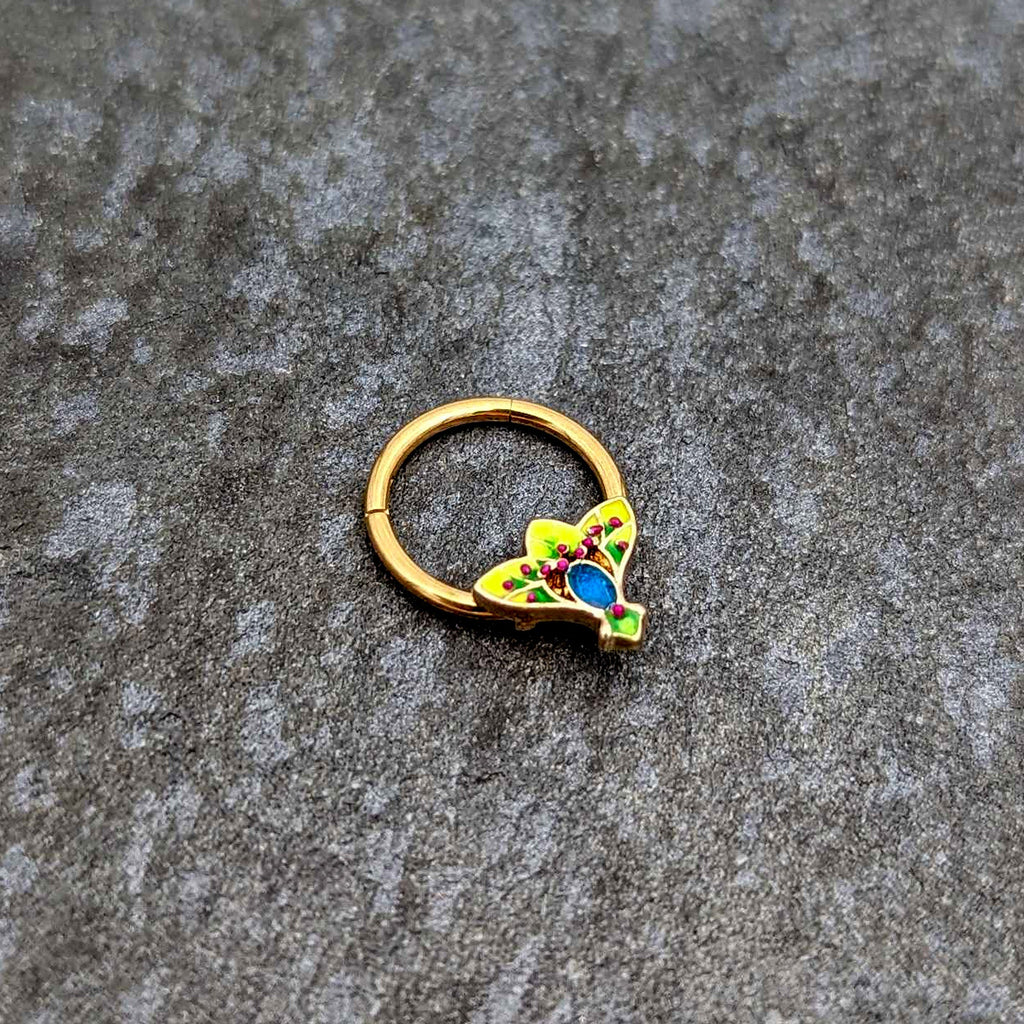 BodyCandy 16G 3/8 Blue Gem Gold Tone Tropic Fan Hinged Segment Ring — side view